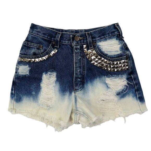 90s Vintage Riders High Rise Bleached Studded Cut Off Denim Jean Shorts 25" - Picture 1 of 8